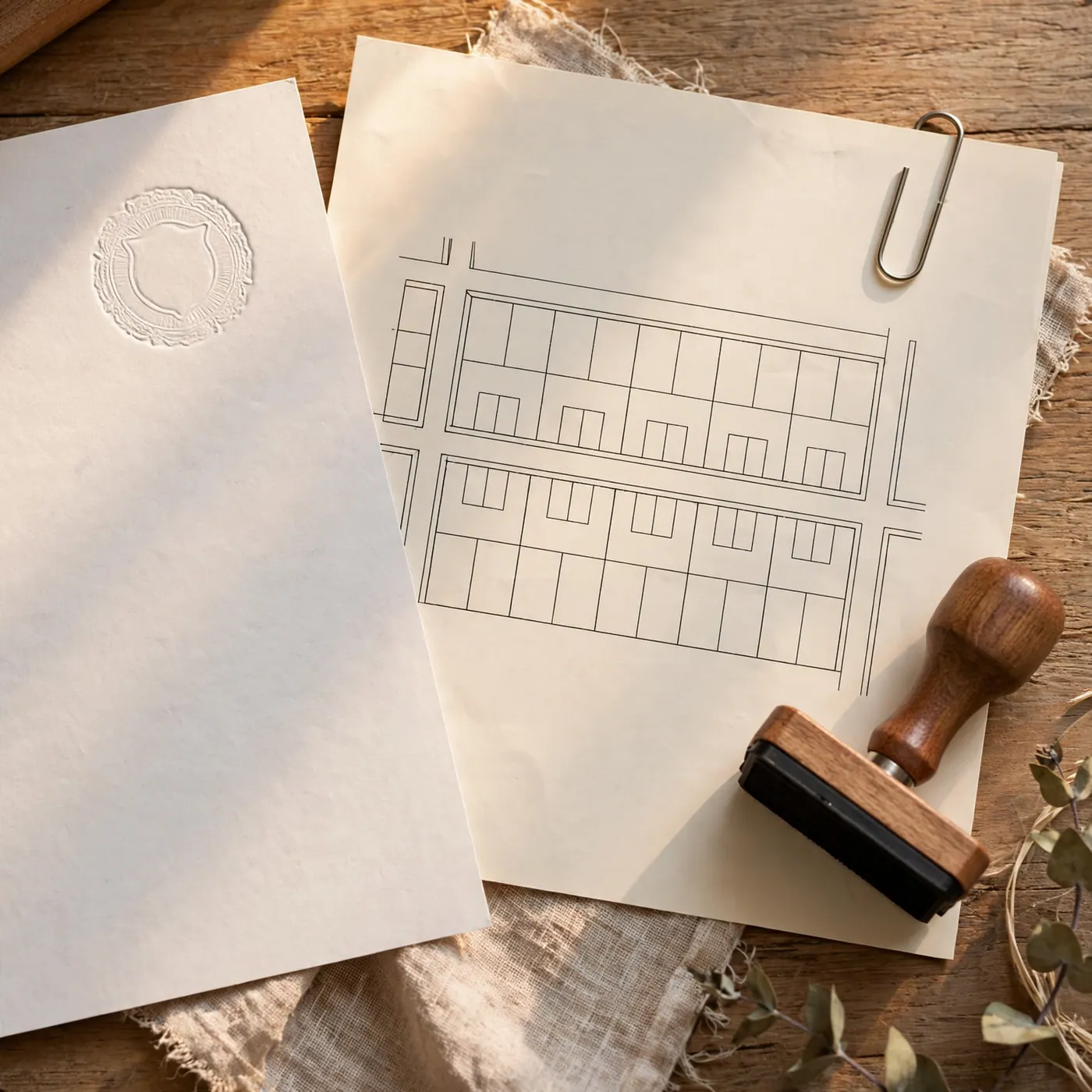 Certificado de tradición y plano de manzana sobre un escritorio, con sello y clip