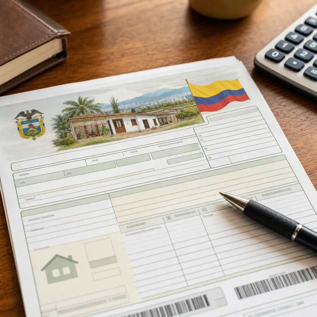 Formulario de impuesto predial en Colombia con calculadora y documentos