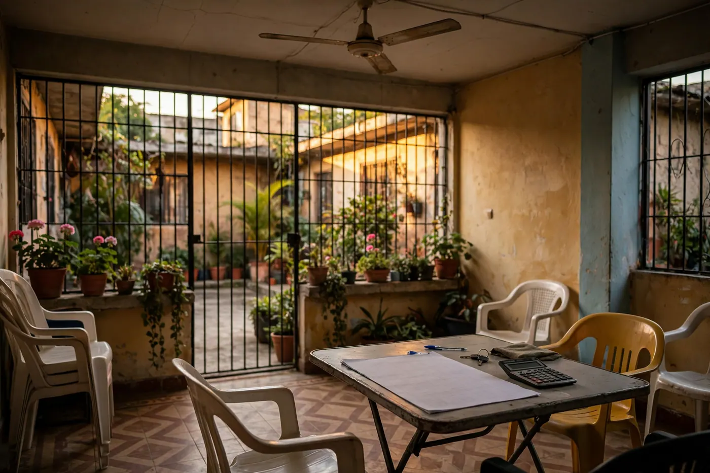 Salón comunal de un conjunto residencial con sillas plásticas, mesa plegable con hoja de asistencia y calculadora