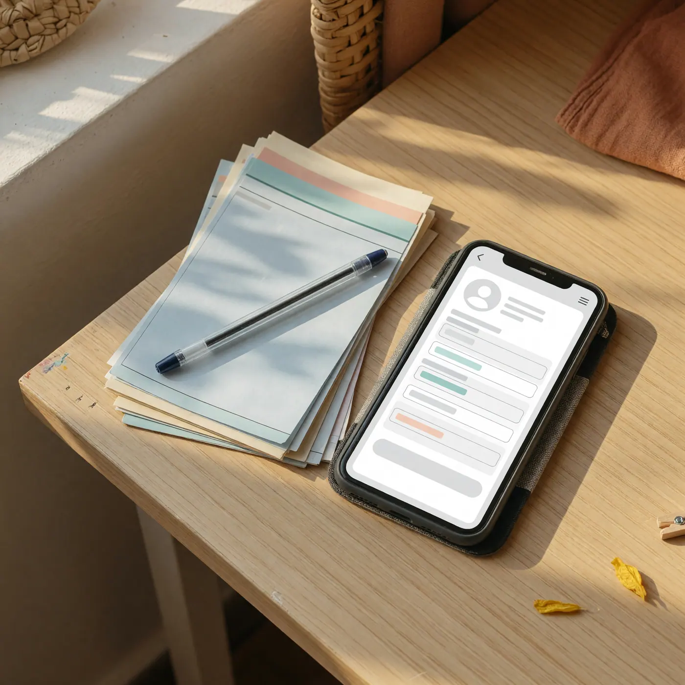 Teléfono con un formulario profesional junto a documentos médicos y un bolígrafo sobre una mesa de madera.