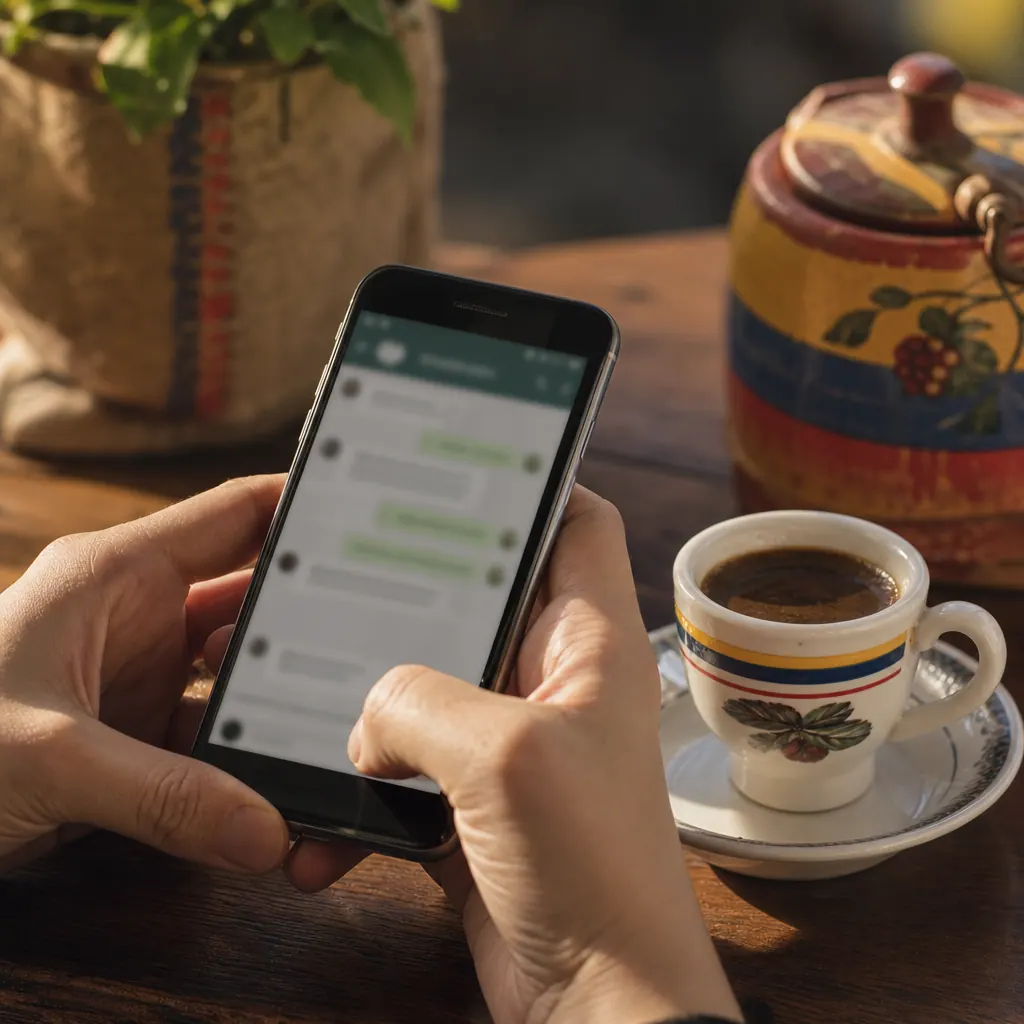 Hands holding a smartphone at a Colombian café, checking marketplace messages