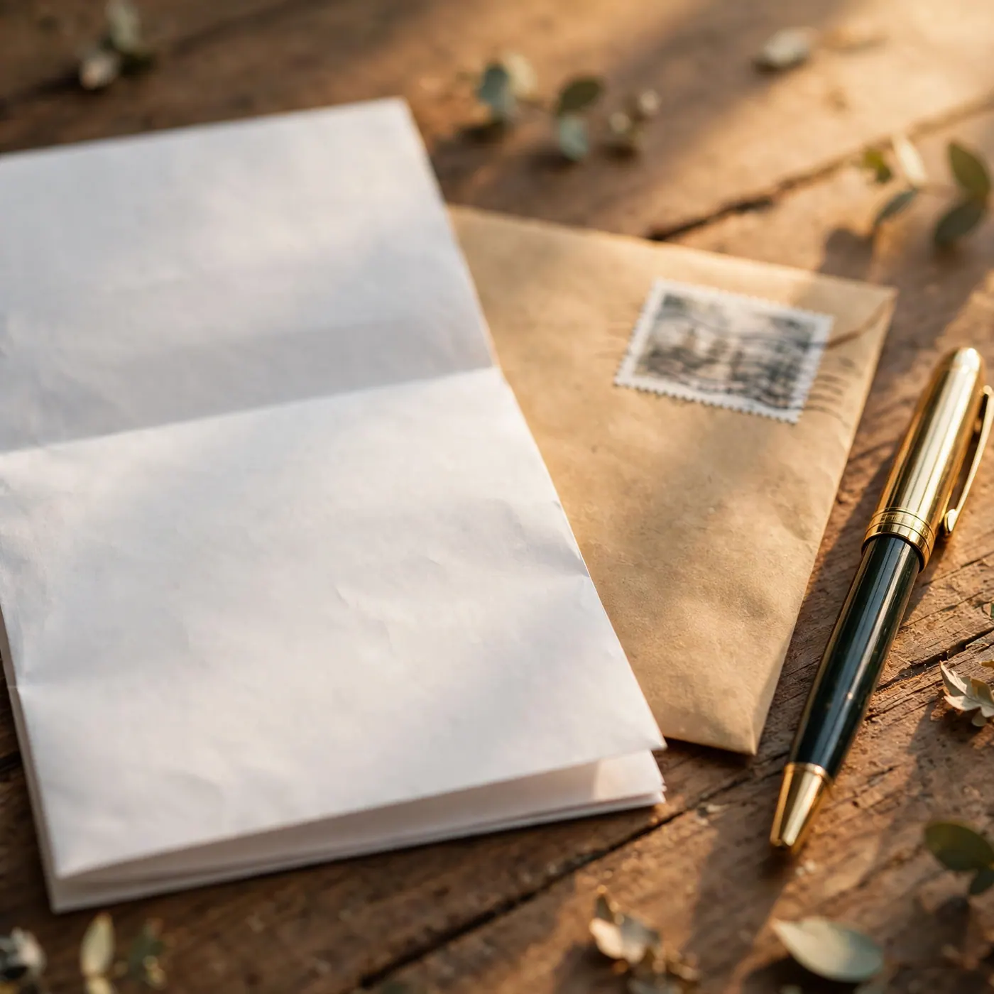 Sobre de correo postal, hoja en blanco y pluma sobre una mesa de madera
