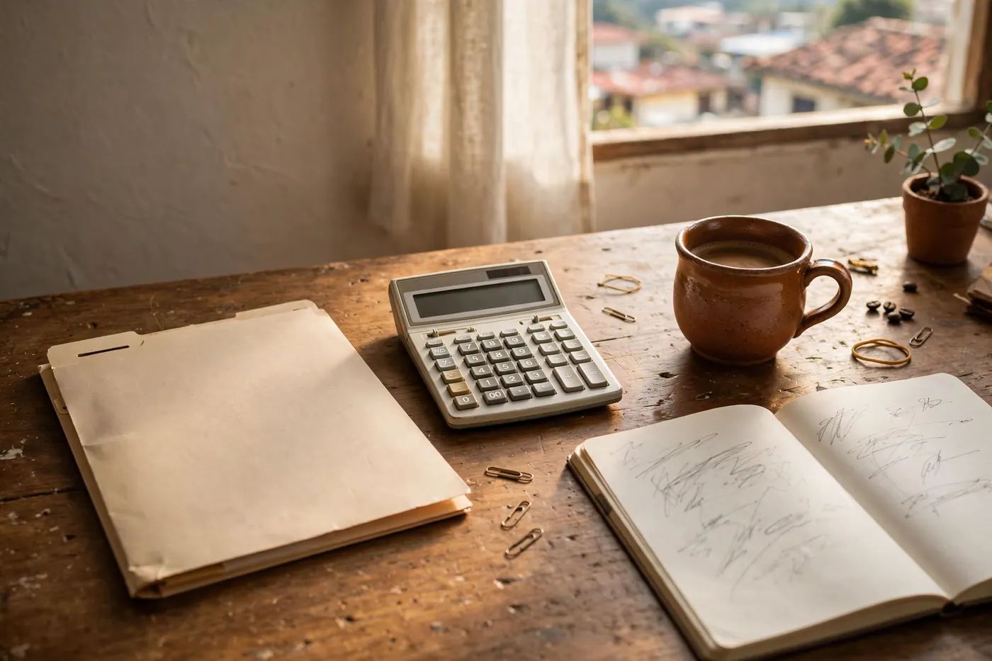 Escritorio de oficina con carpeta, calculadora, taza de café y libreta de notas con luz natural