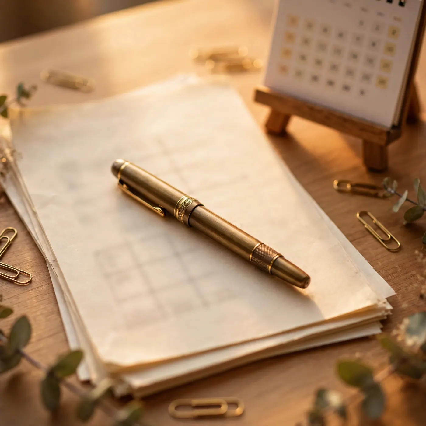 Pluma sobre un formato impreso de liquidación y un calendario de escritorio