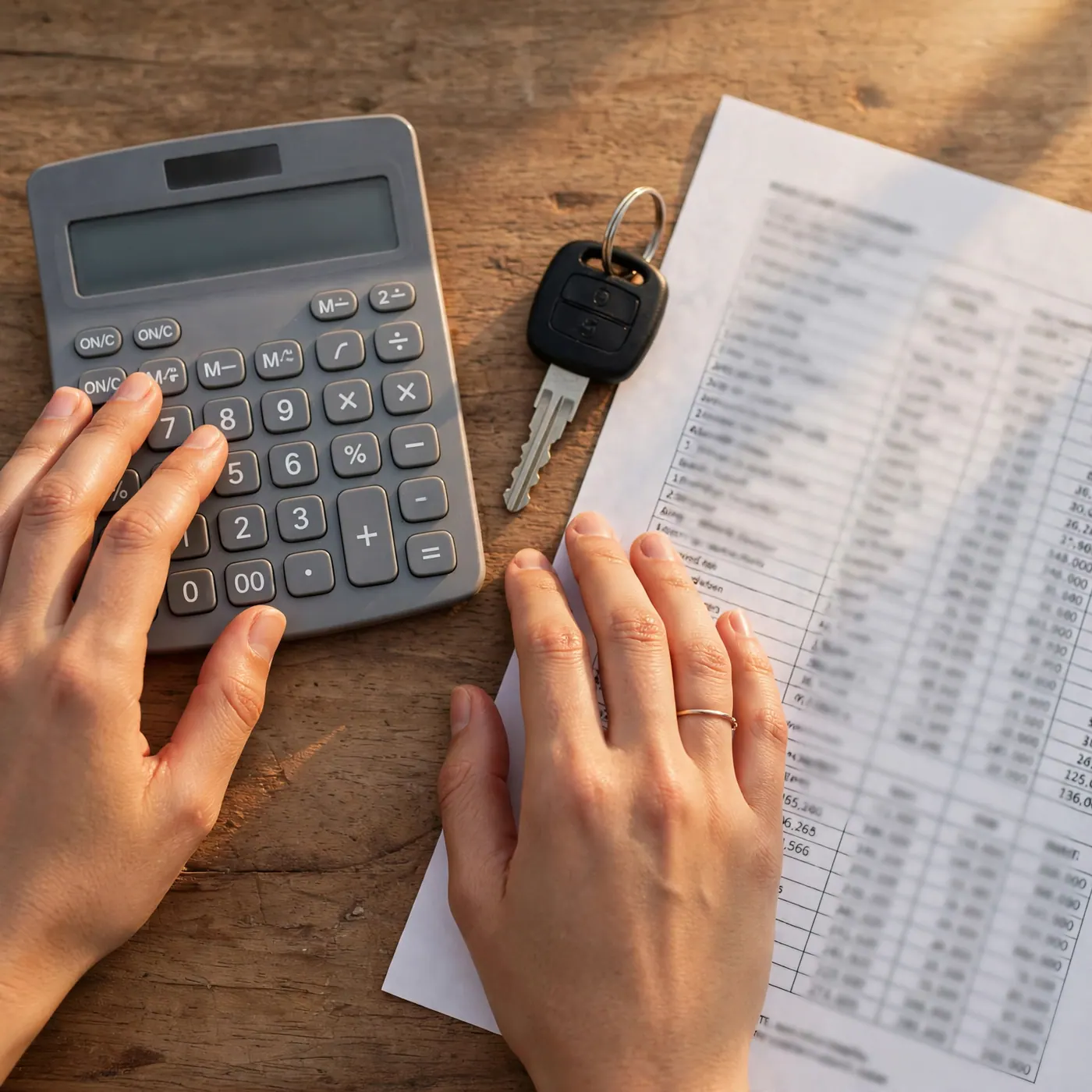 Manos con una calculadora junto a la llave de un carro y un plan de pagos impreso.