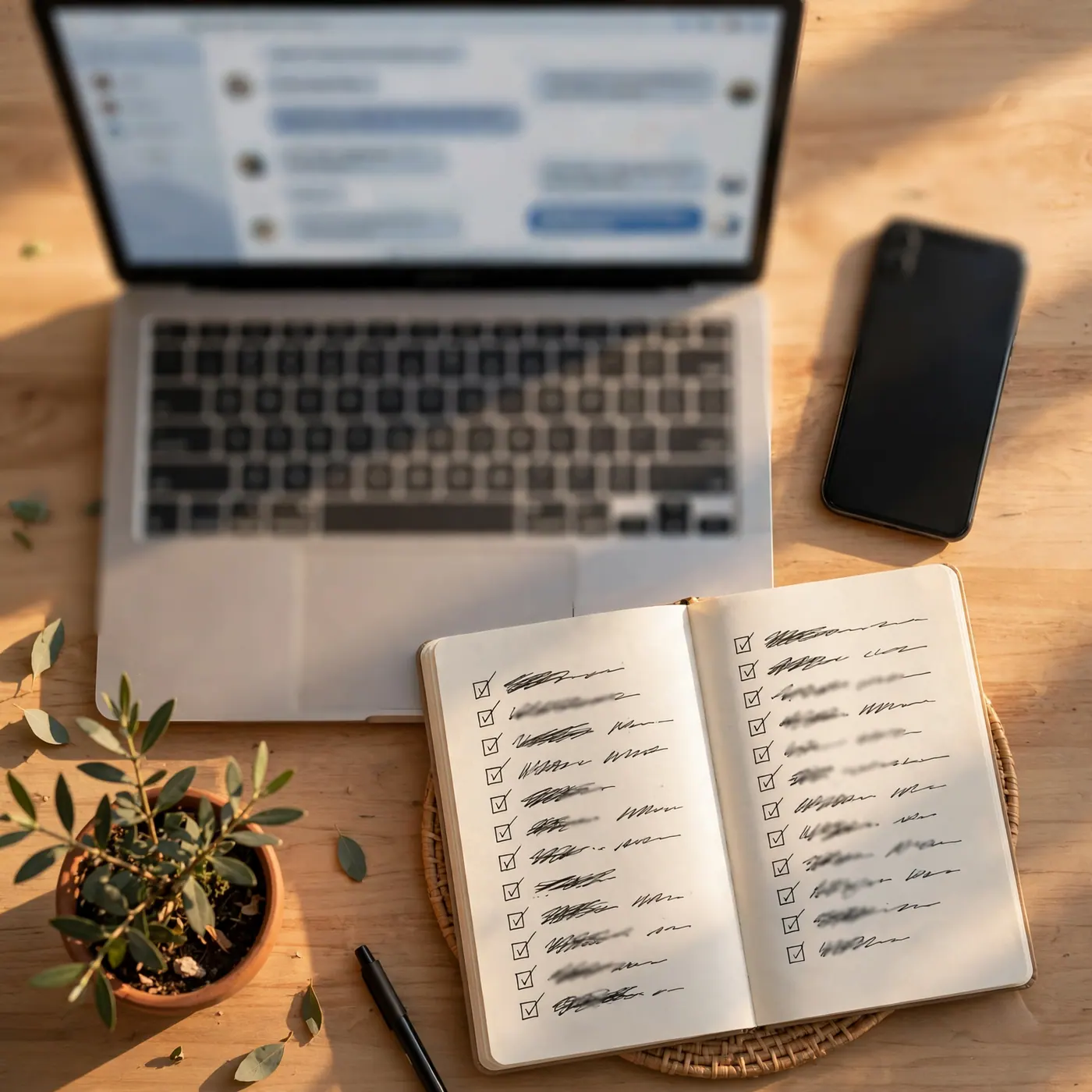 Laptop showing a chat conversation, a phone and a notebook with a checklist.