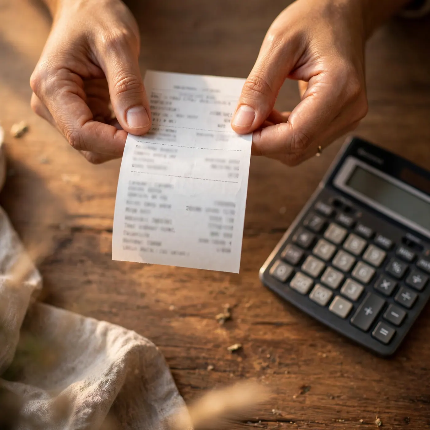 Manos sosteniendo un recibo impreso junto a una calculadora sobre un mostrador.