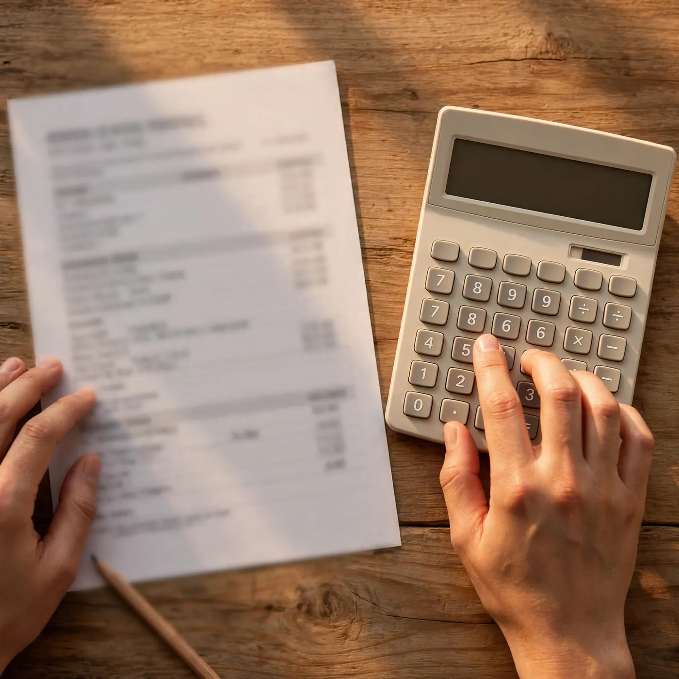 Manos usando una calculadora junto a una hoja de nómina impresa.