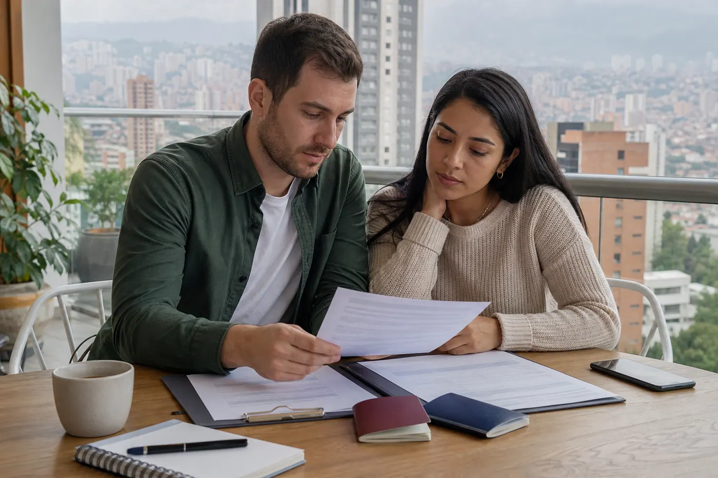 International couple in Colombia reviewing spouse visa documents at a table with passports and a checklist
