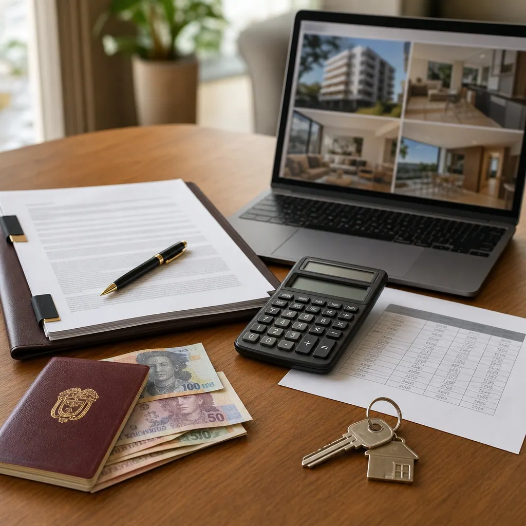 Documents, keys, a passport, and a payment schedule on a Colombian property closing table