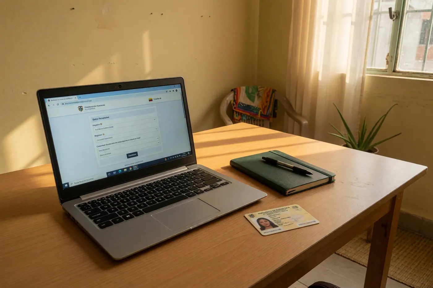 Laptop abierto en un escritorio de madera junto a una cédula de ciudadanía colombiana, un cuaderno verde y un bolígrafo, con luz de ventana