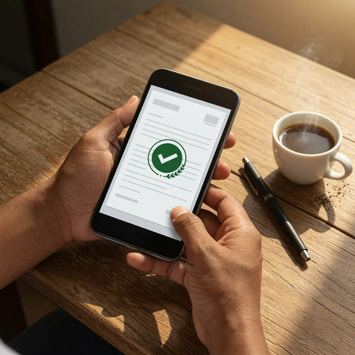 Manos sosteniendo un celular con un documento PDF y un sello de verificación, junto a un café y un bolígrafo sobre un escritorio de madera