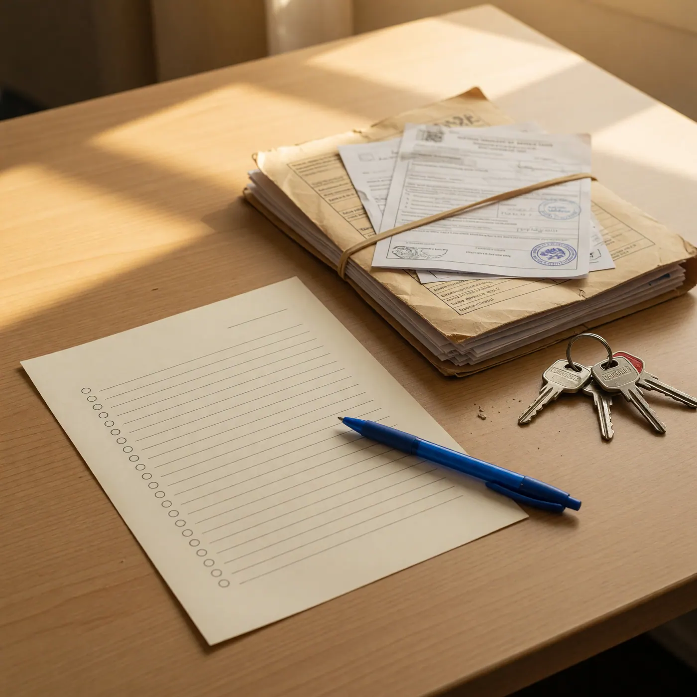 Lista de verificación, carpeta de documentos, bolígrafo y llaves de carro sobre una mesa