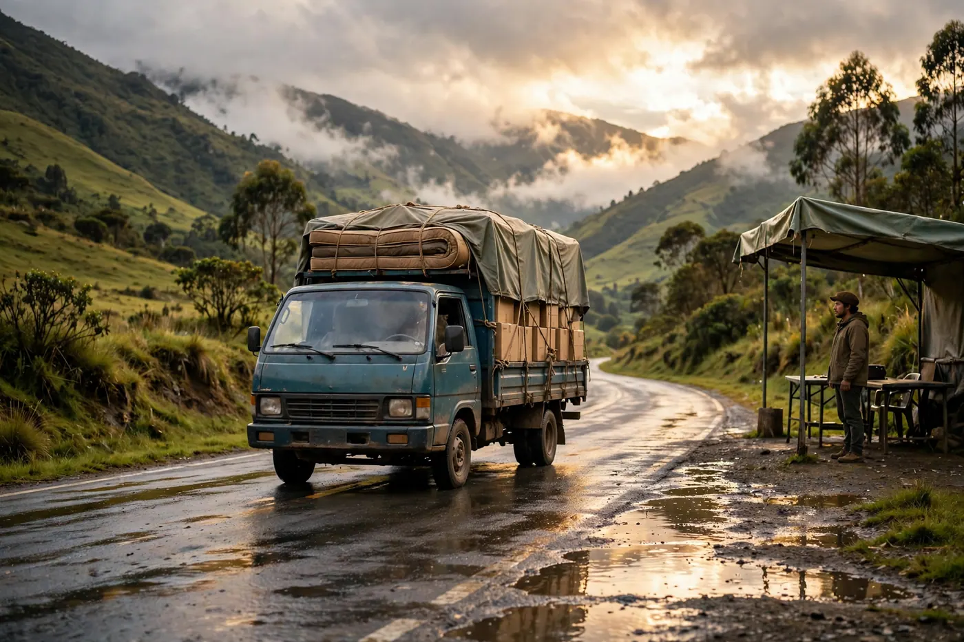 Modest box truck loaded with taped boxes and a rope-tied mattress under a tarp on a wet mountain highway near a roadside