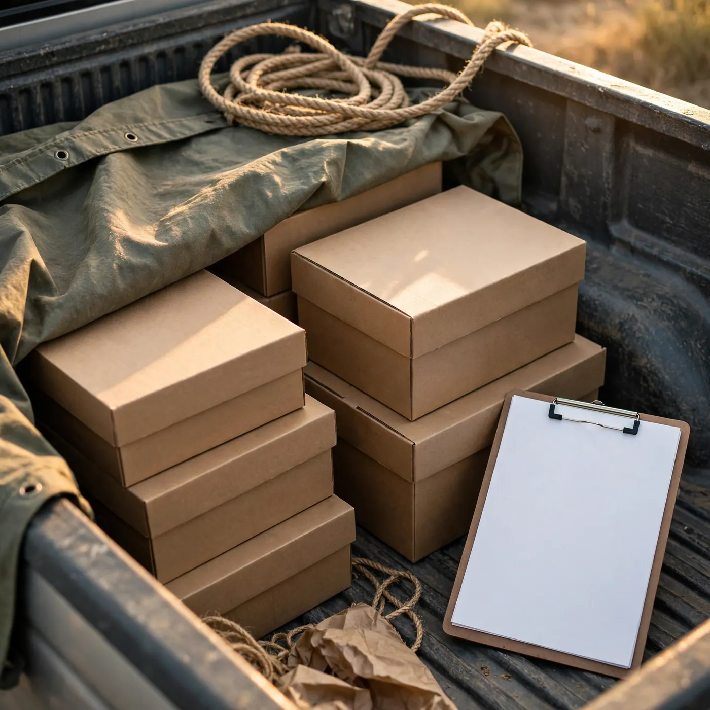 Close view of a truck bed with rope, tarp edge, stacked cardboard boxes and a blank paper folio on a clipboard