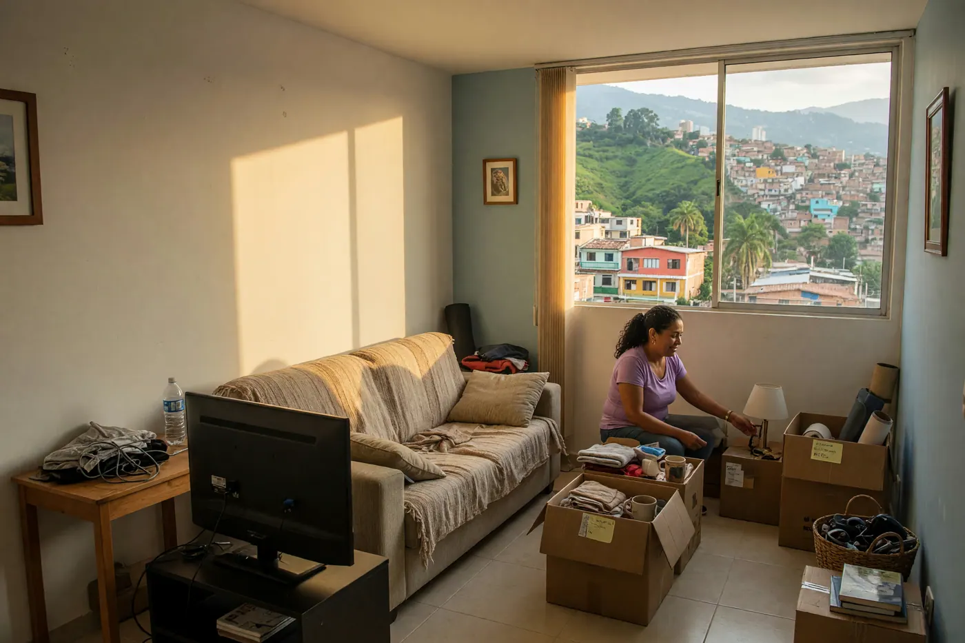 Bright Medellin apartment during an expat moving sale, furniture and boxes with price tags by a sunny window