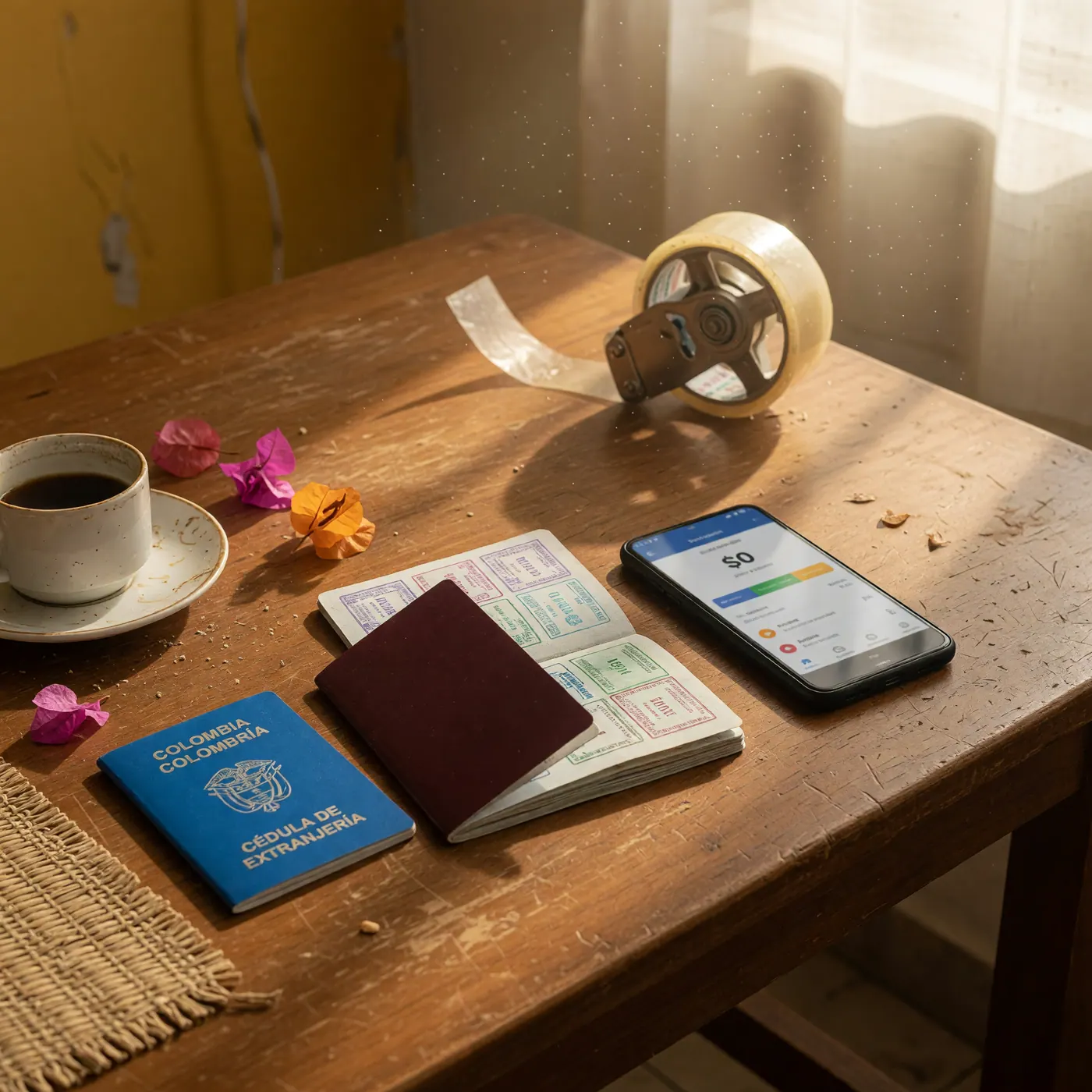 A wooden table holding a Colombian foreigner ID card, an open passport, and a smartphone displaying a banking app next to packing tape.