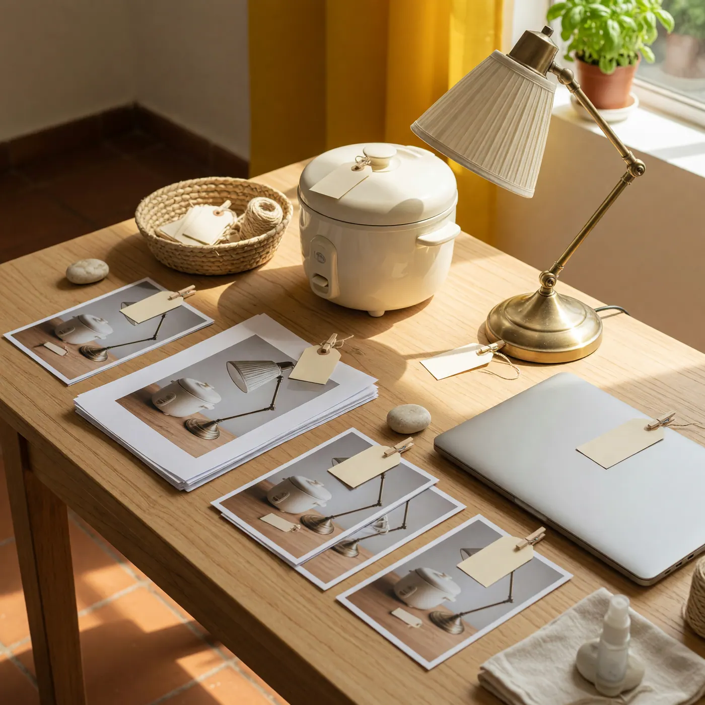 Expat sorting furniture and electronics with price tags during a moving sale in a Colombian apartment