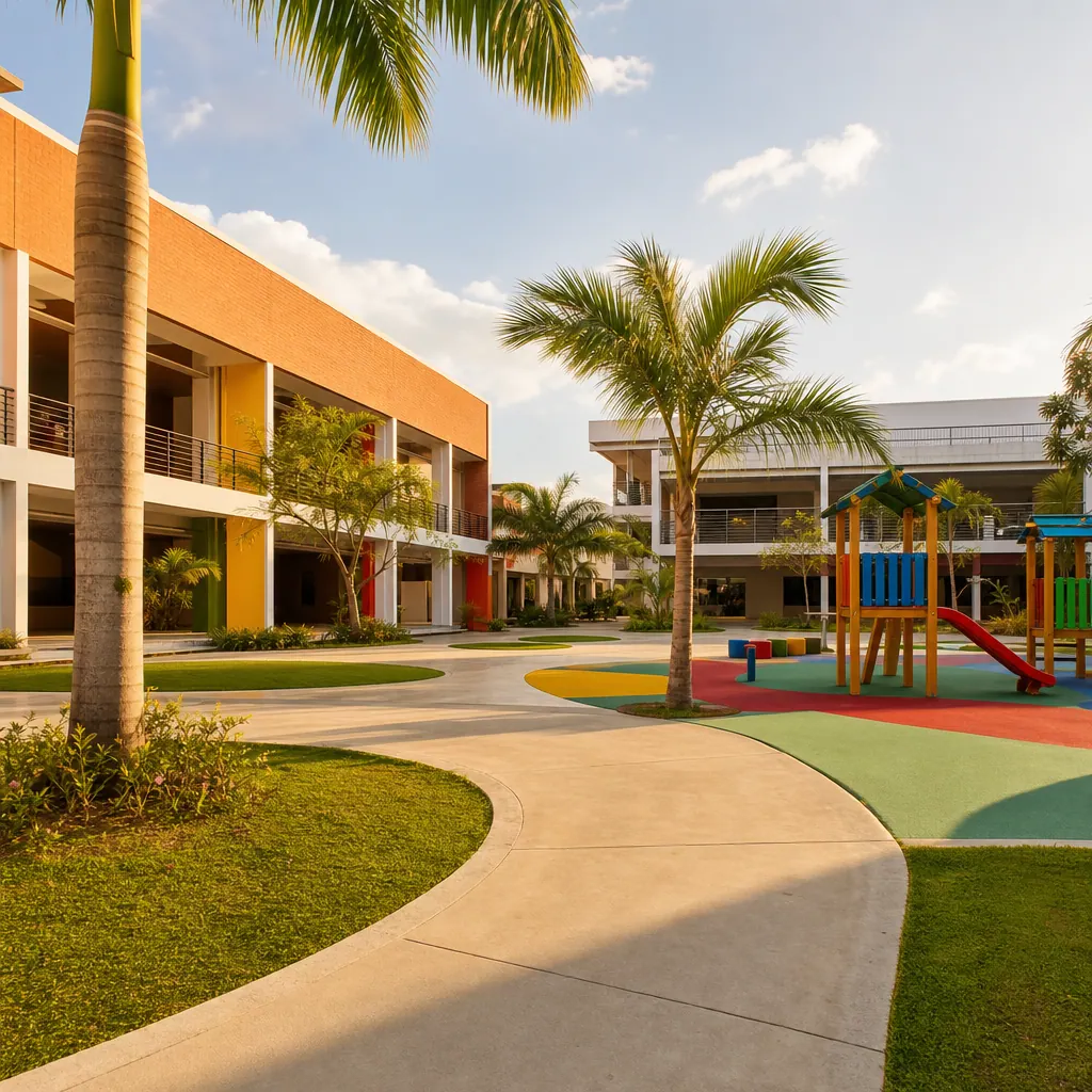Private school campus courtyard in Colombia with palm trees and tropical garden setting