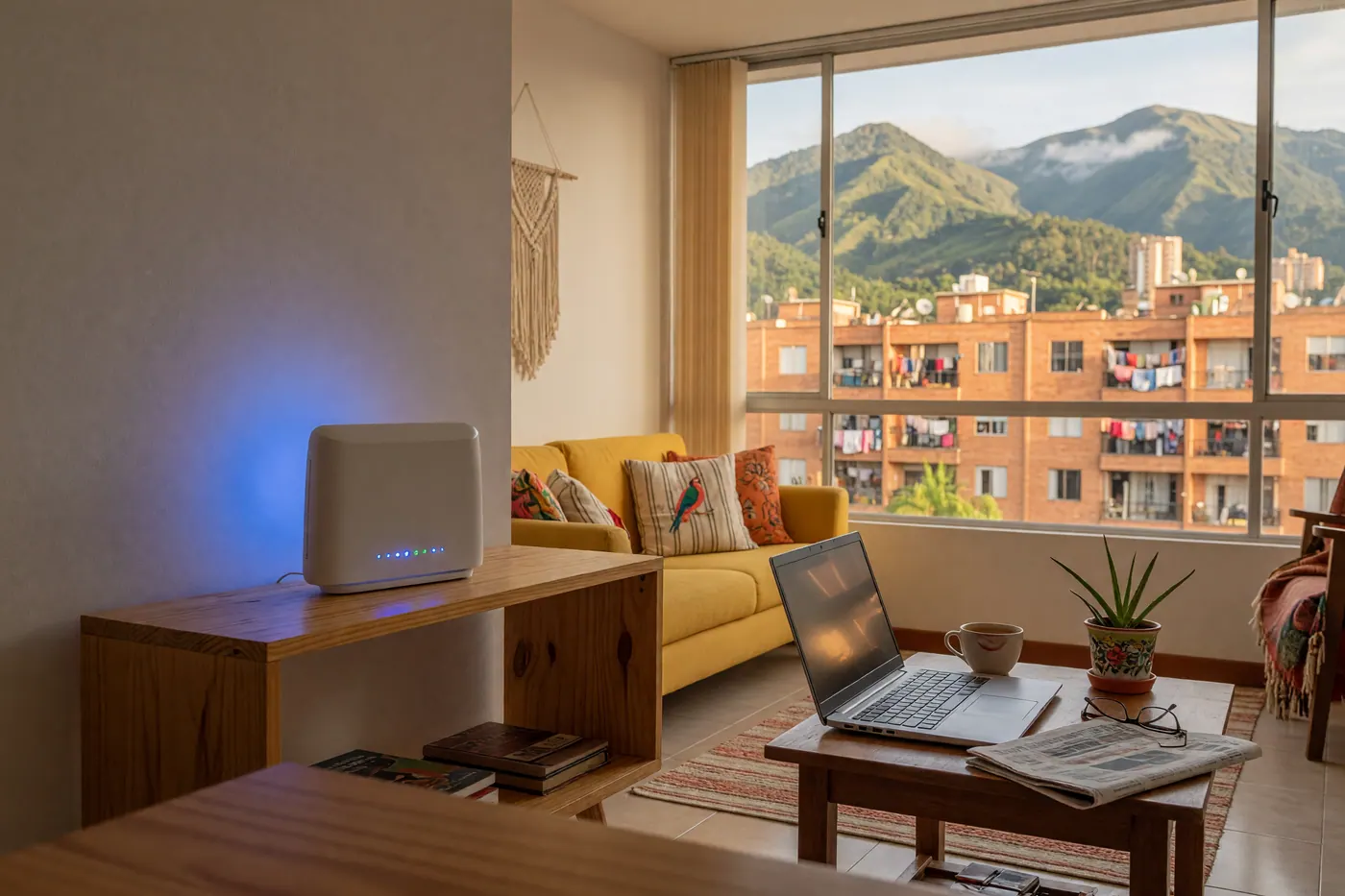 Sala de estar moderna de un apartamento colombiano con un router de fibra óptica blanco en un estante y una laptop en la mesa, con edificios de ladrillo rojo y montañas verdes visibles por la ventana.
