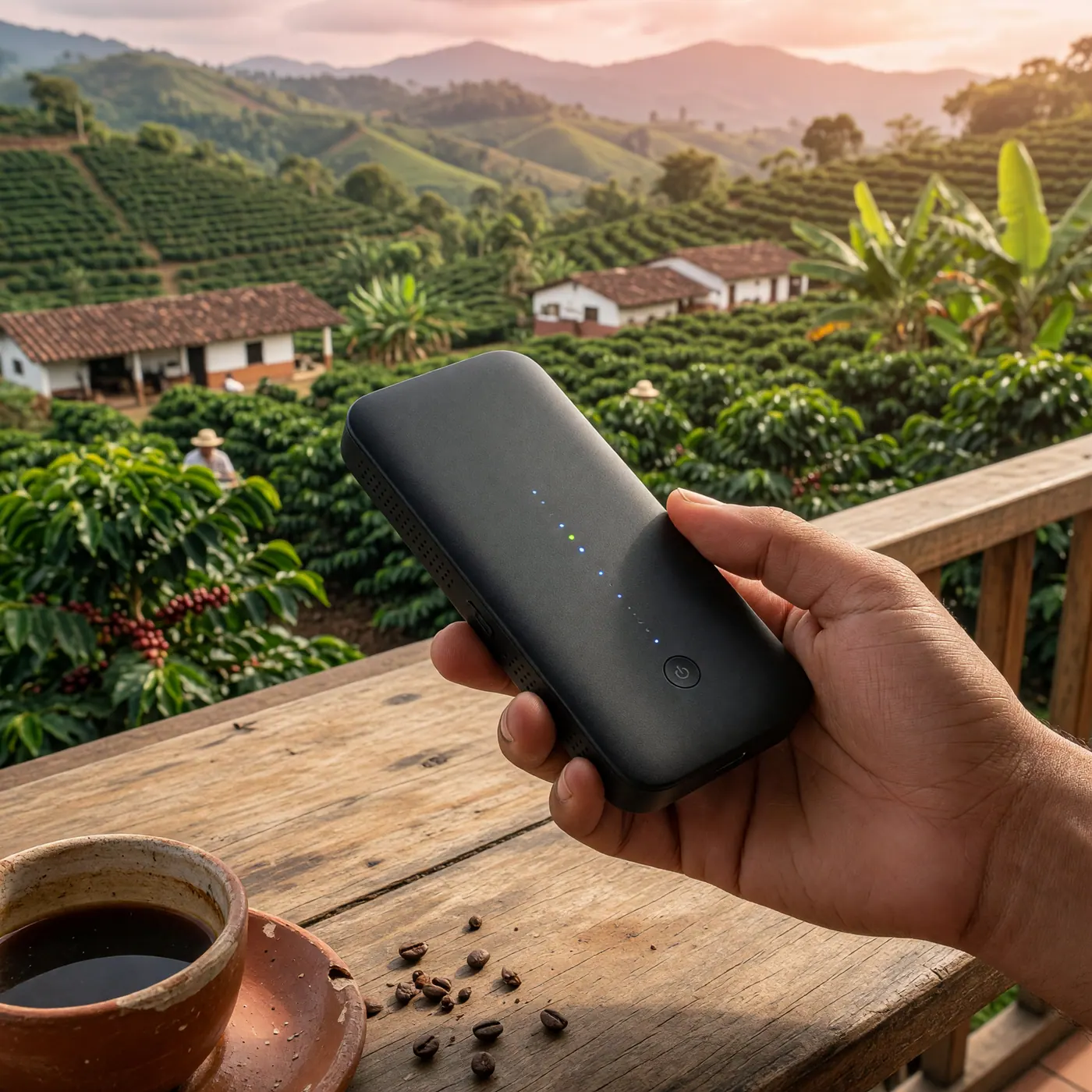Una mano sostiene un router MiFi 4G LTE portátil negro sobre una mesa de balcón, con un paisaje verde de finca cafetero colombiano de fondo.
