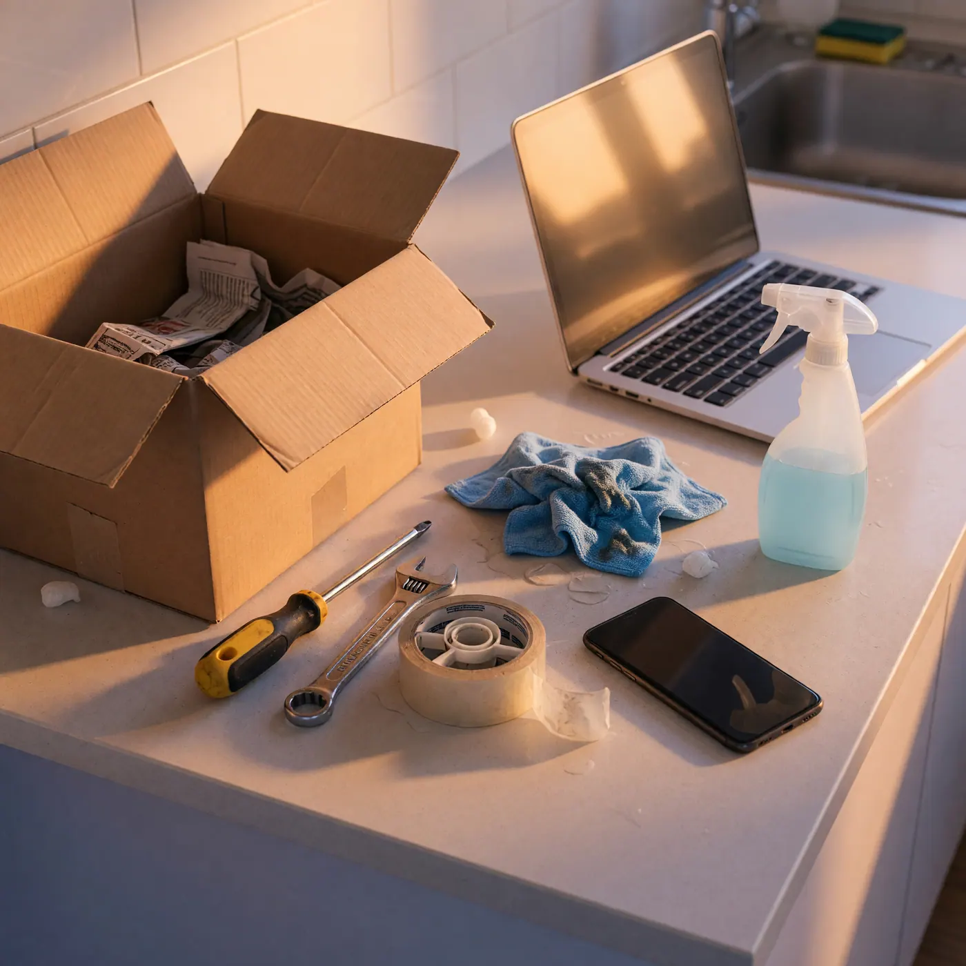 Moving boxes, tools, cleaning supplies and a laptop representing local gigs and services after arriving in a US city.