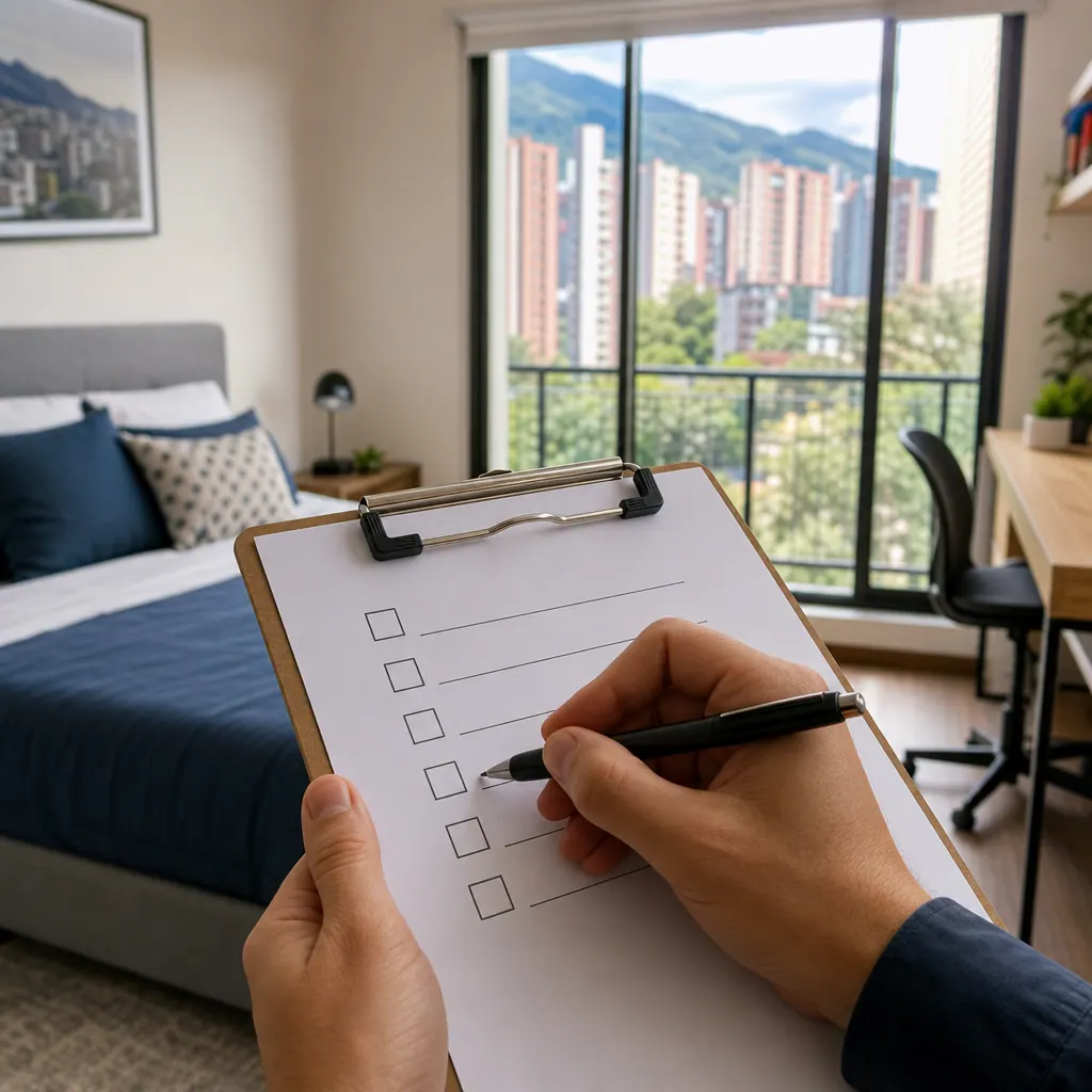 Persona revisando inventario de entrega con portapapeles en apartamento colombiano