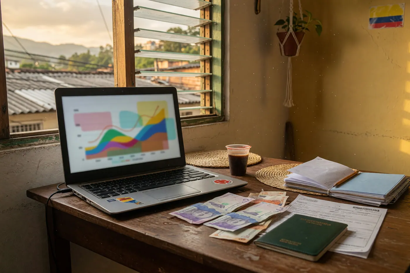 Home-office desk with laptop showing abstract charts, notebook, documents, and Colombian pesos.