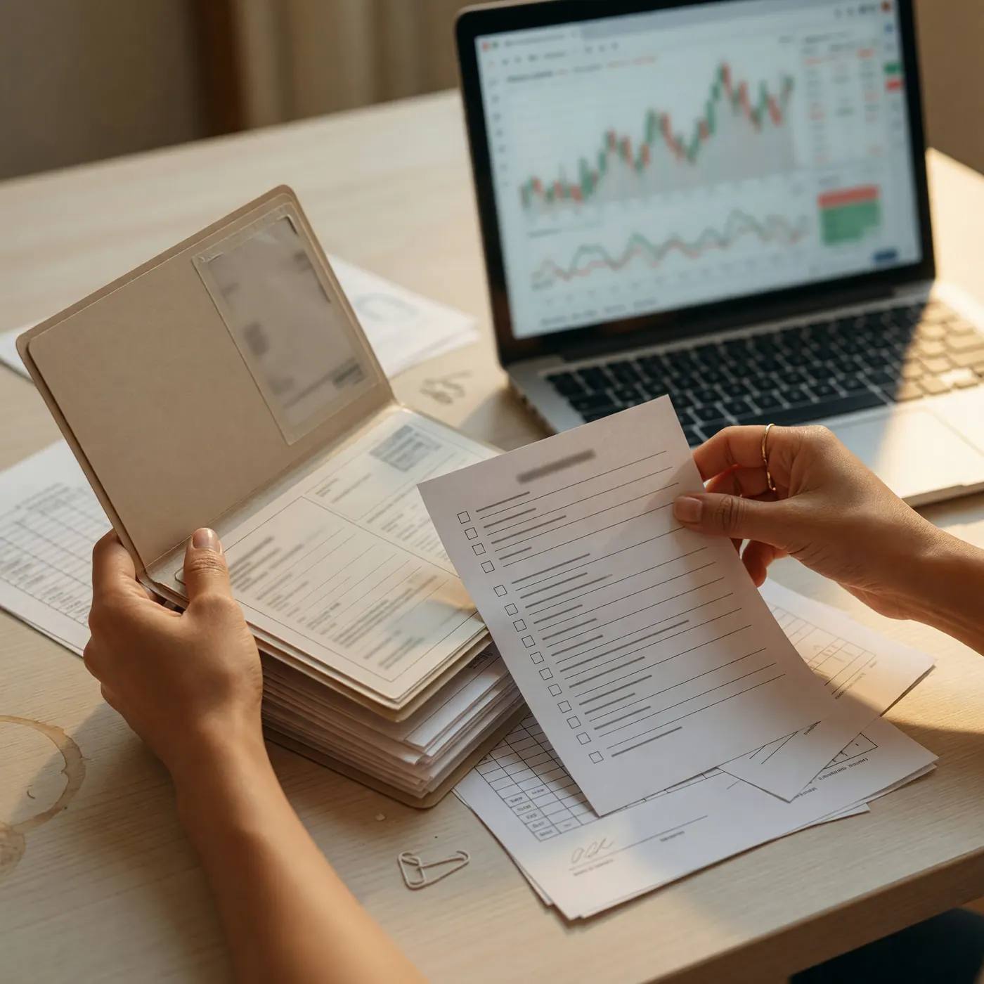 Hands organizing a checklist and neutral financial documents beside a laptop with blurred charts.