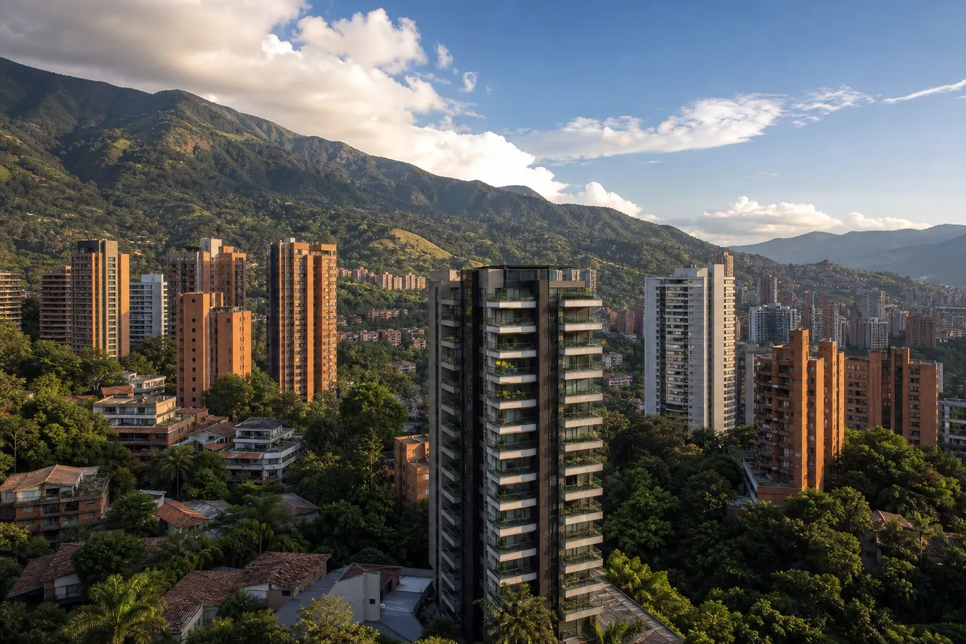Aerial view of modern apartment towers in Medellín Colombia rising against green mountains in the Aburrá Valley
