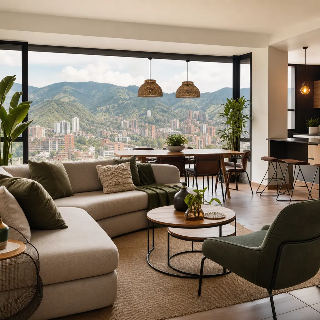 Bright modern apartment interior in Medellín Colombia with mountain views through floor-to-ceiling windows
