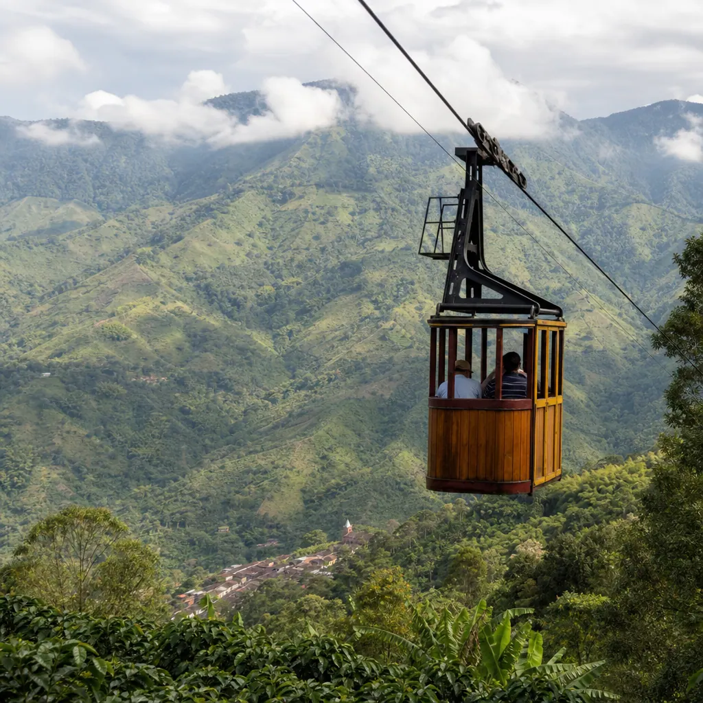 Cable car (teleférico) suspended above the green valley of Jardín, Antioquia — one of the oldest cable cars in Colombia, running since 1955