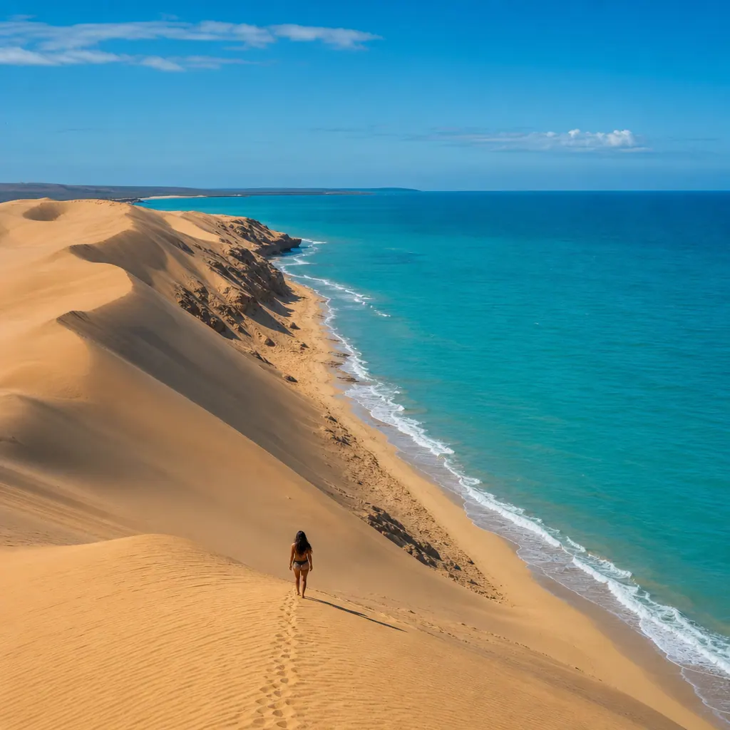 Sand dunes at Punta Gallinas, La Guajira Colombia, dropping into the Caribbean sea