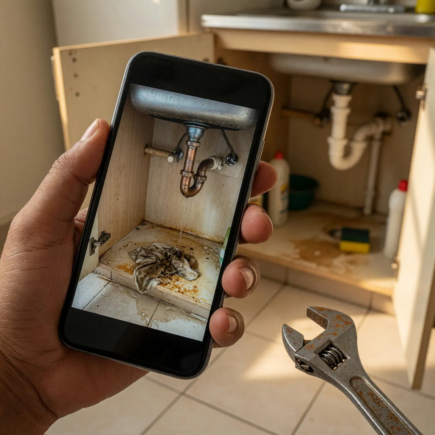 A close-up of a hand holding a smartphone to photograph a pipe leak under a kitchen sink