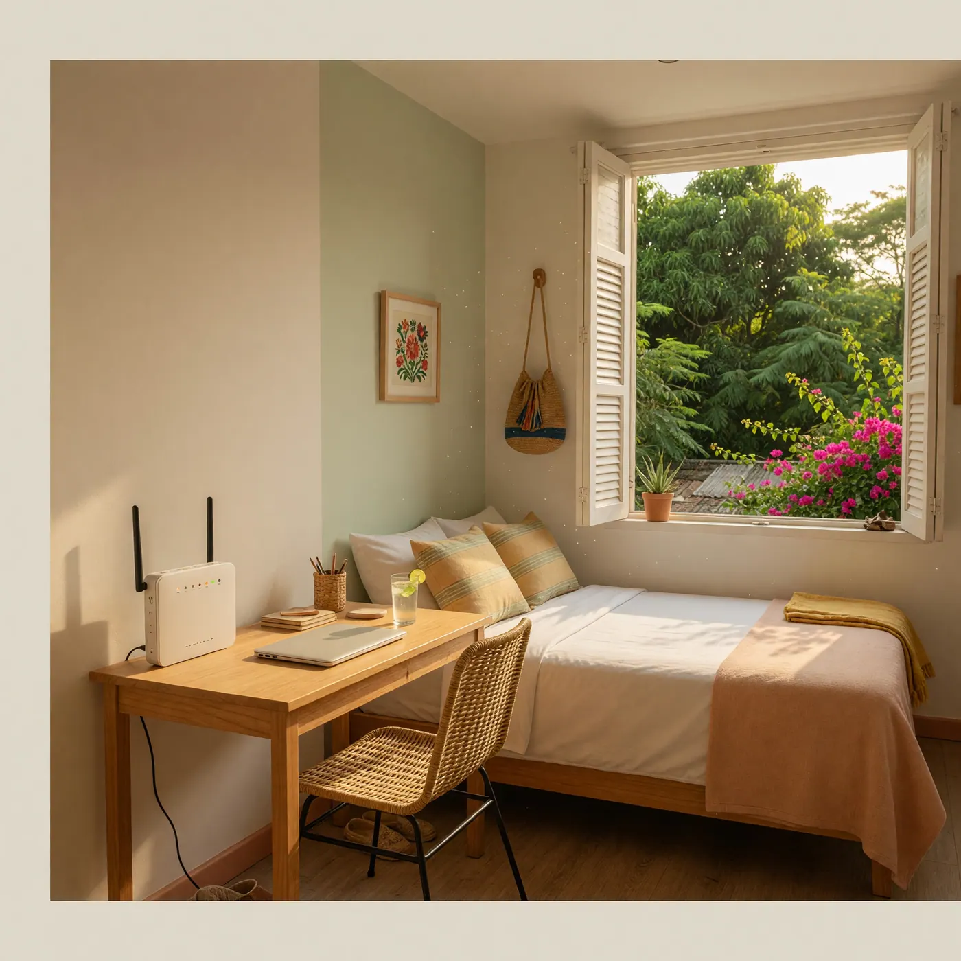 Sunlit apartment room with study desk and balcony window in Laureles