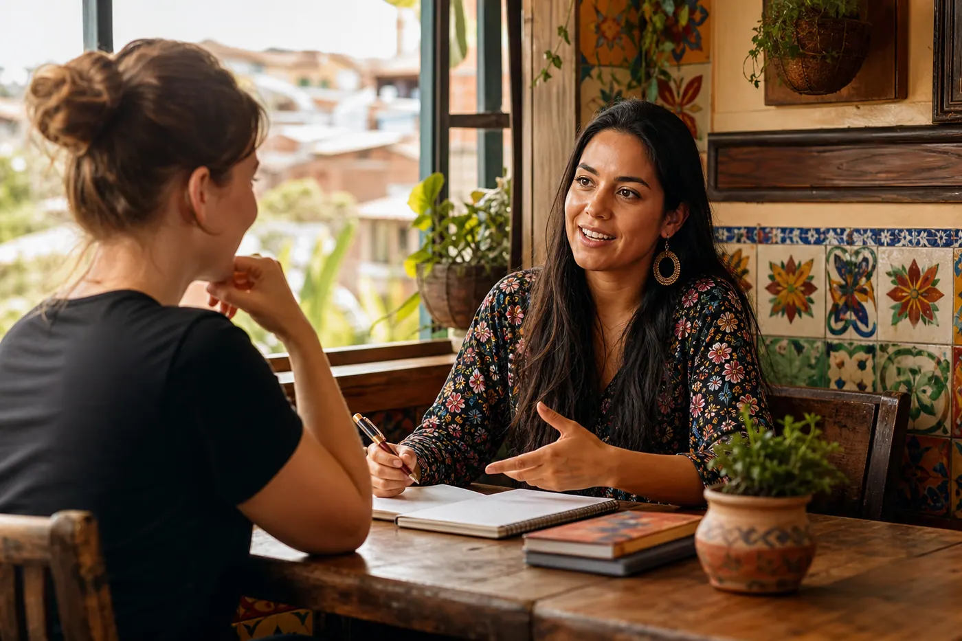 Spanish tutor session with a foreign student at a Medellín café