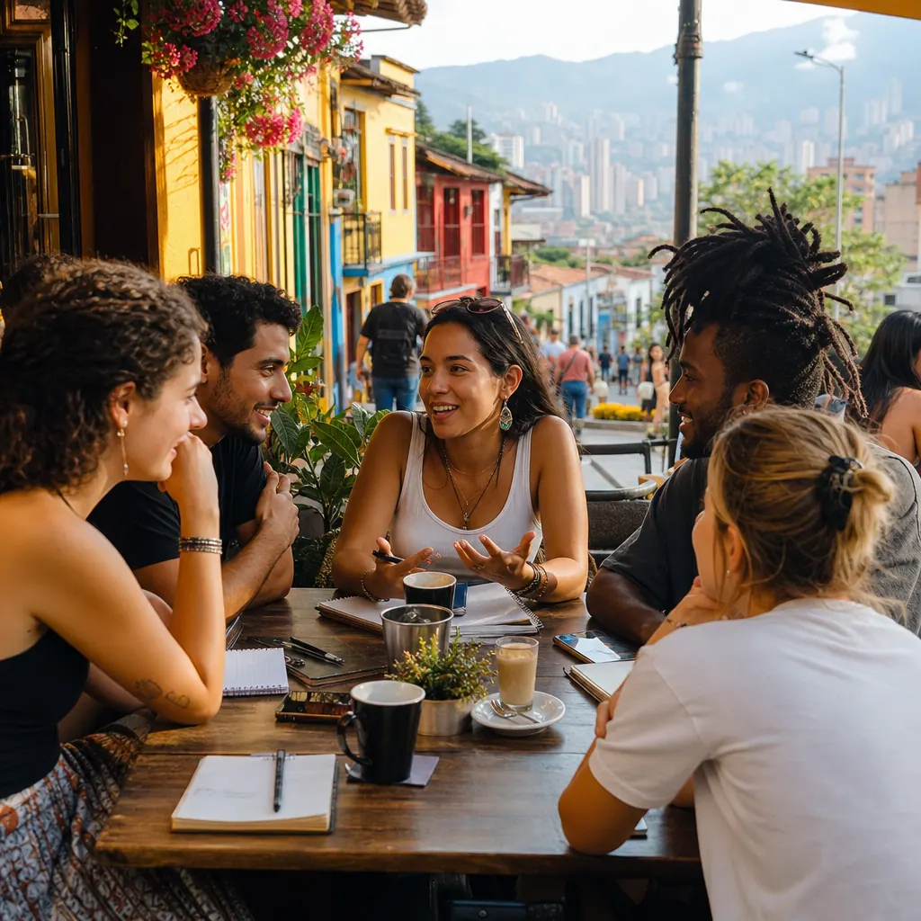 Language exchange intercambio meetup at a Medellín café — people conversing with notebooks and coffee