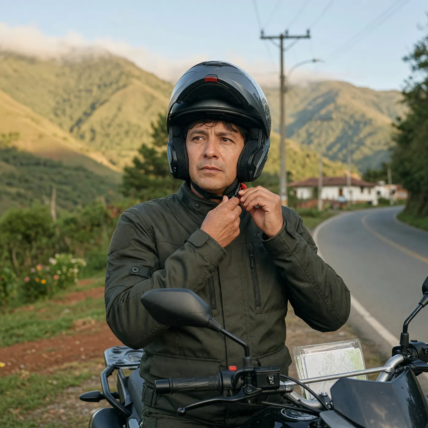 Motorcyclist in a textile jacket fastening a modular helmet chin strap beside dual-sport handlebars on a mountain road