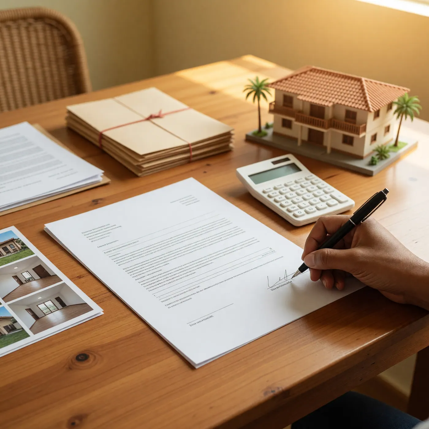Mano firmando un documento financiero sobre un escritorio de madera con una calculadora al lado