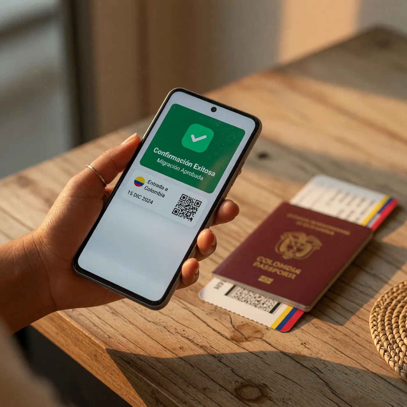 A smartphone showing a CheckMig confirmation next to a passport on a table.