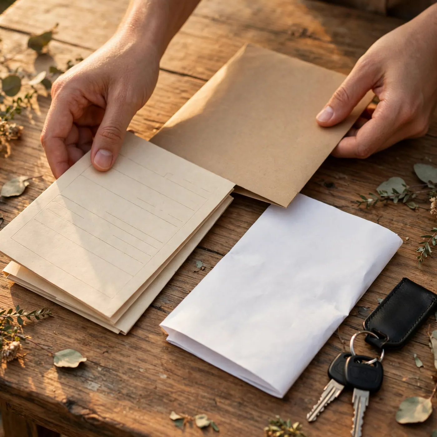 Manos ordenando sobre una mesa de madera una tarjeta de propiedad, un sobre cerrado, una consulta impresa y unas llaves de