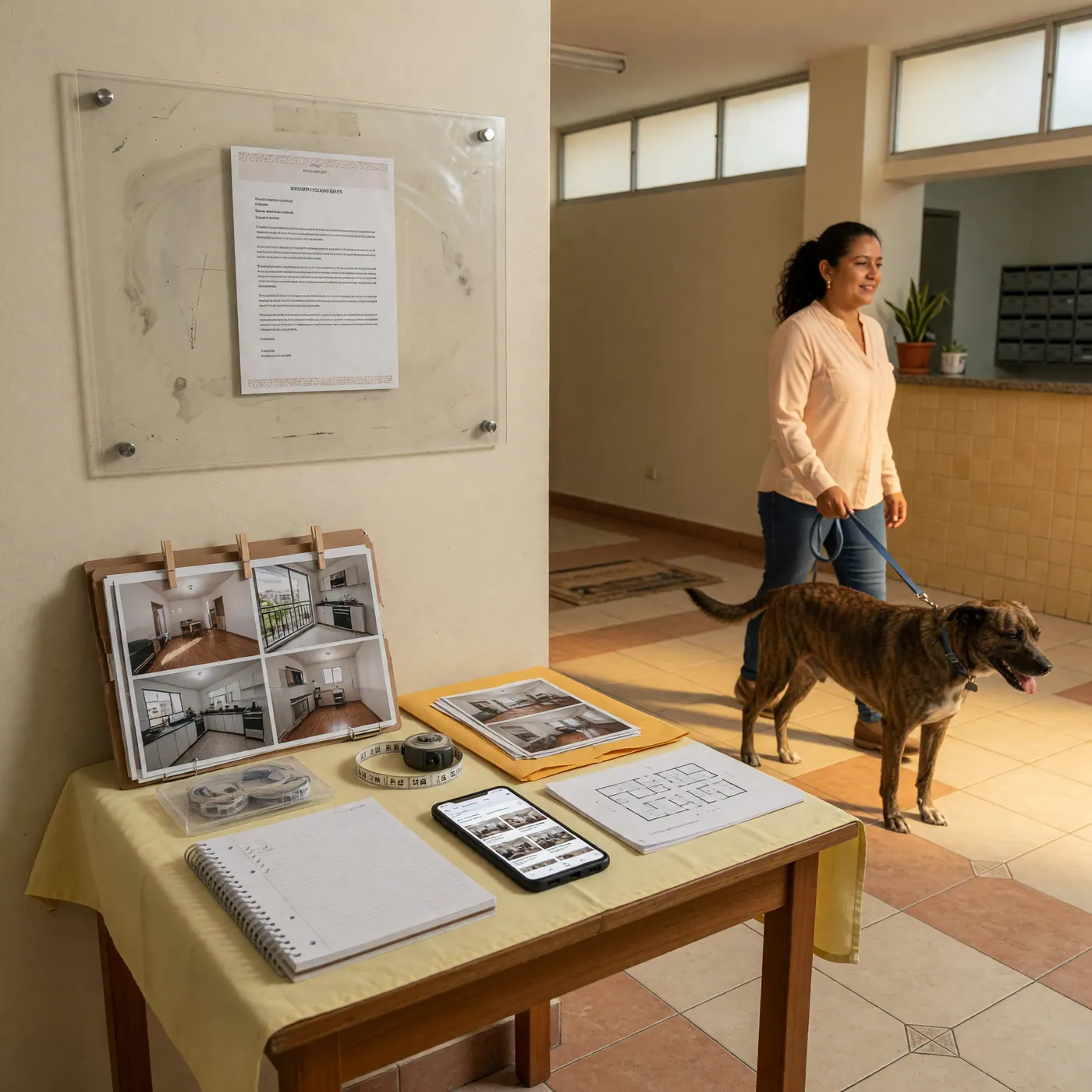 Residente caminando con su mascota con correa cerca de la recepción y cartelera informativa de un edificio residencial
