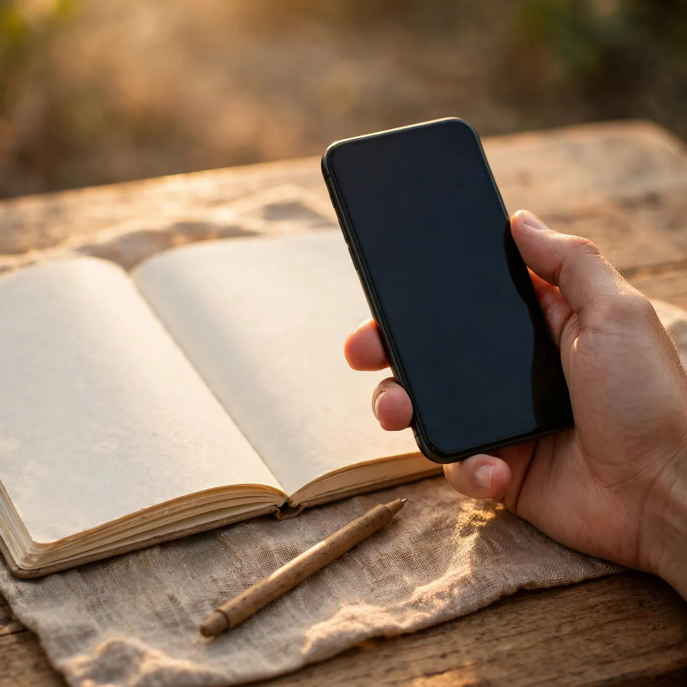 Mano sin rostro sosteniendo un celular apagado junto a un cuaderno para anotar la hora de una llamada