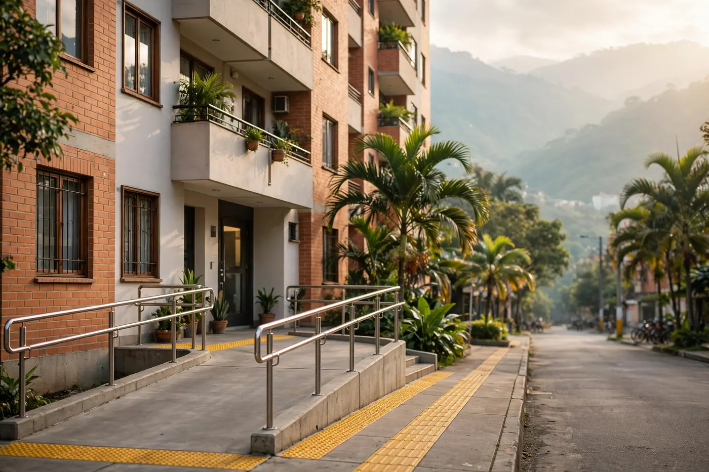 Step-free ramp entrance to a residential apartment building in Laureles, Medellín, surrounded by tropical greenery and paved sidewalks.