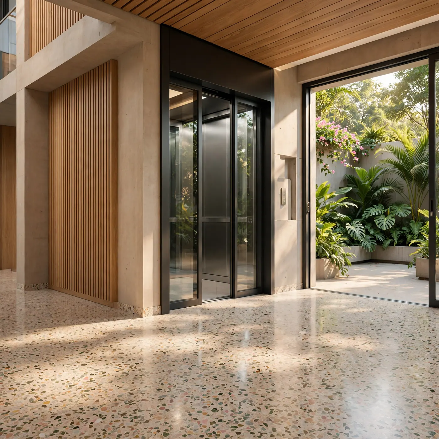 Step-free terrazzo elevator lobby with wide glass doors opening to a tropical courtyard in a Medellín apartment building.