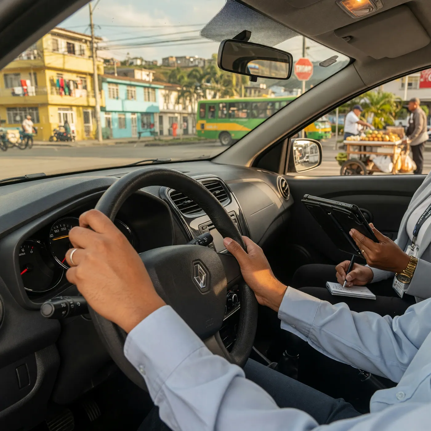 Manos de conductor en el volante de un sedán durante la evaluación práctica del CALE en Colombia, con instructor sosteniendo una tablet