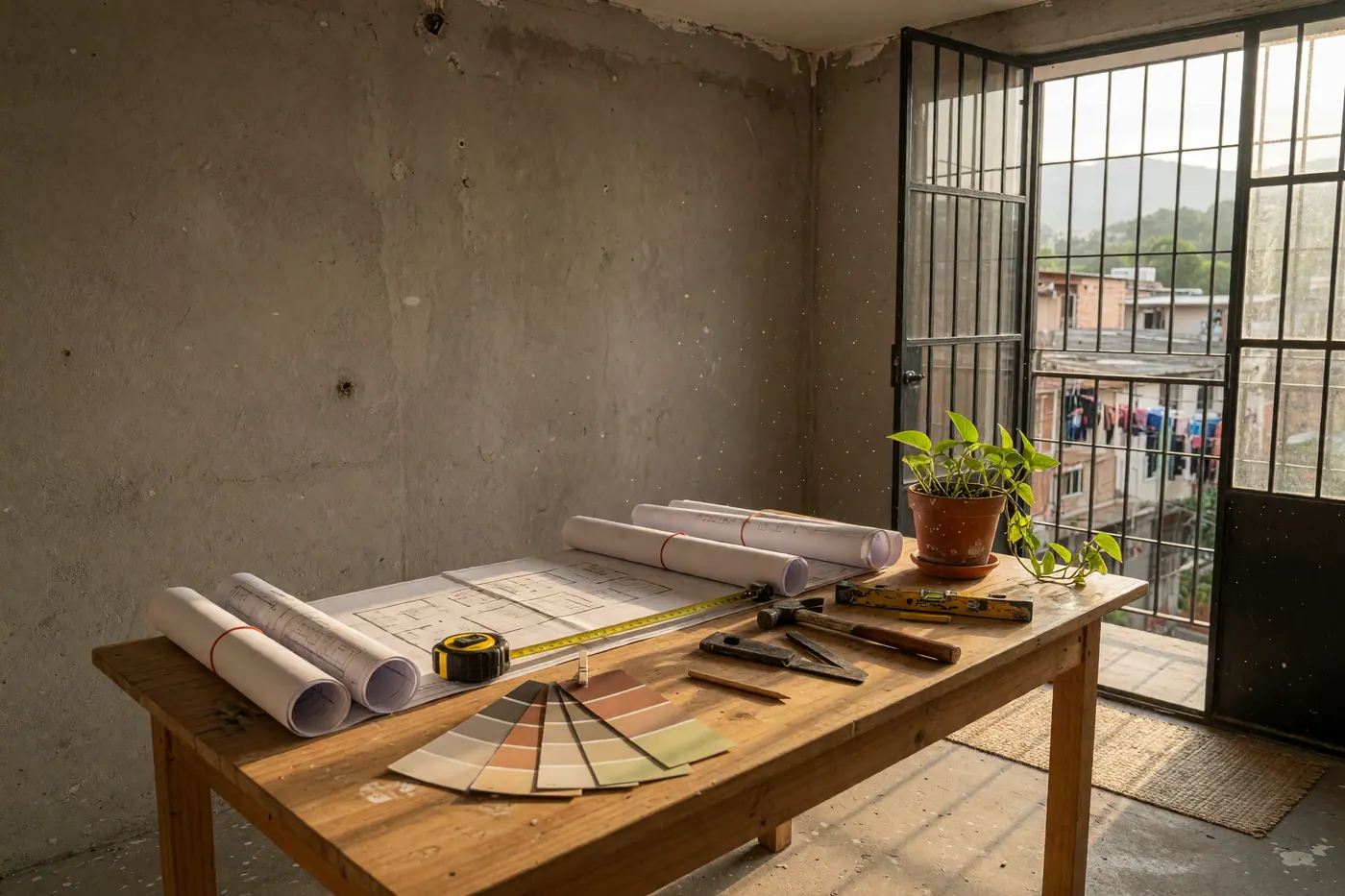 Planos, cinta métrica, herramientas y muestras de pintura en un inmueble preparado para remodelación