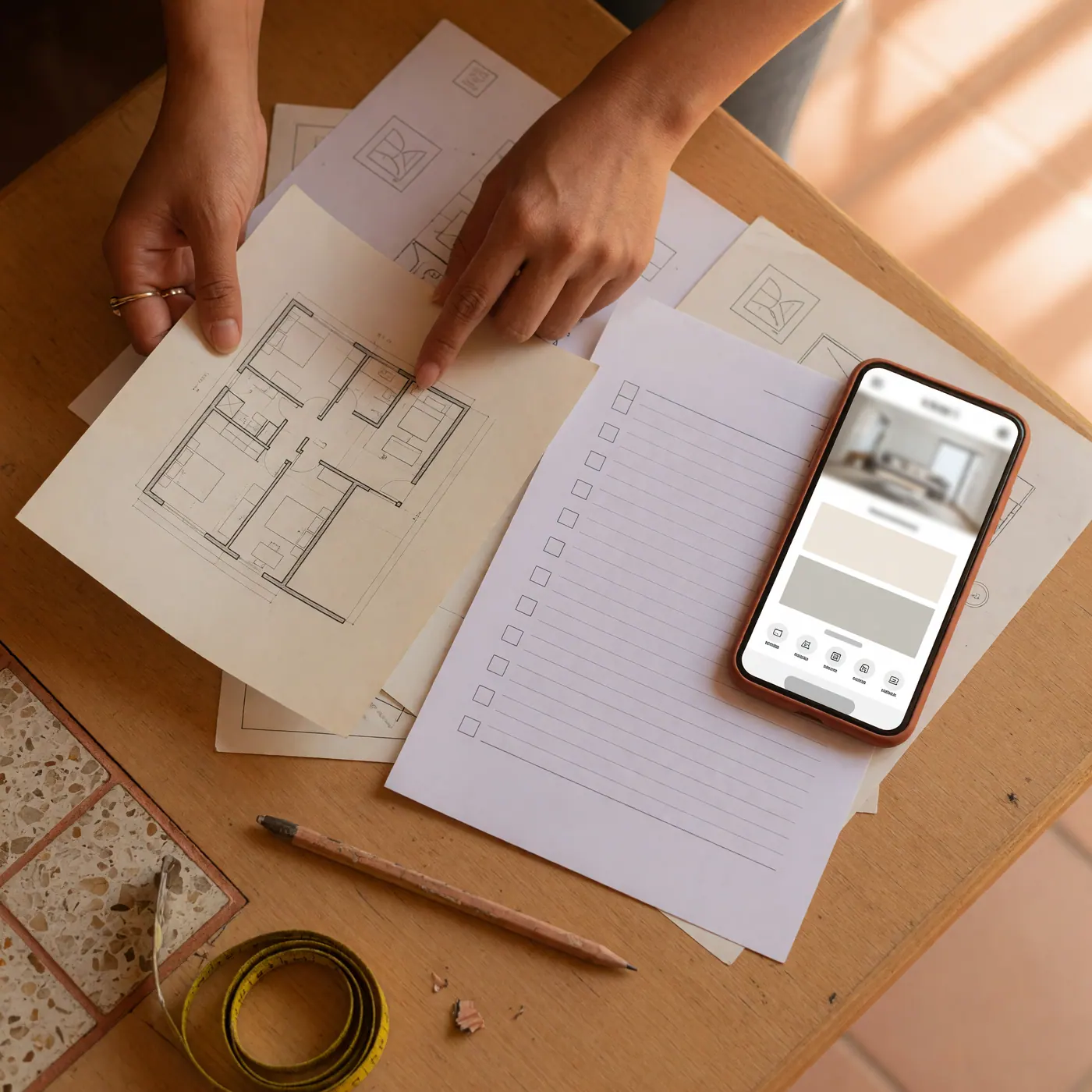 Manos revisando planos, lista de verificación y borrador de anuncio inmobiliario en un celular