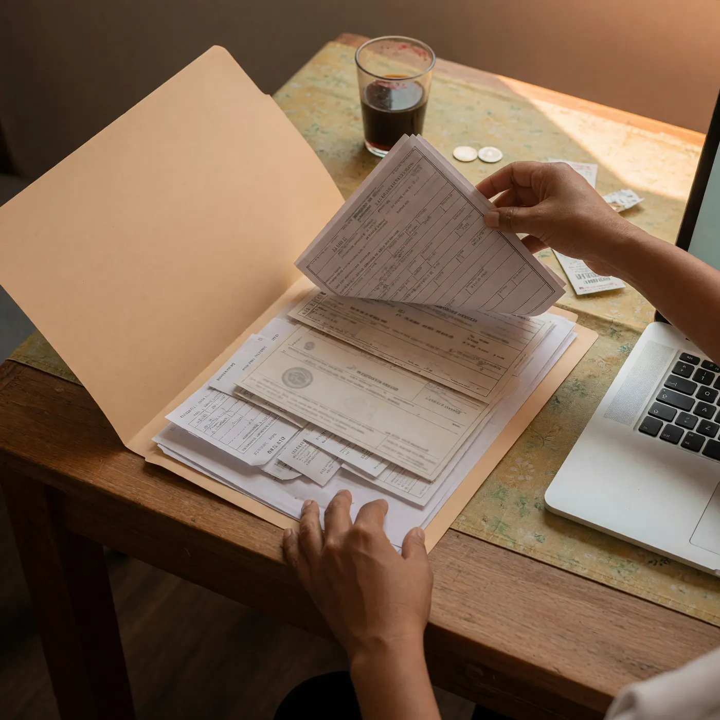 Manos organizando documentos y recibos en una carpeta junto a un computador portátil