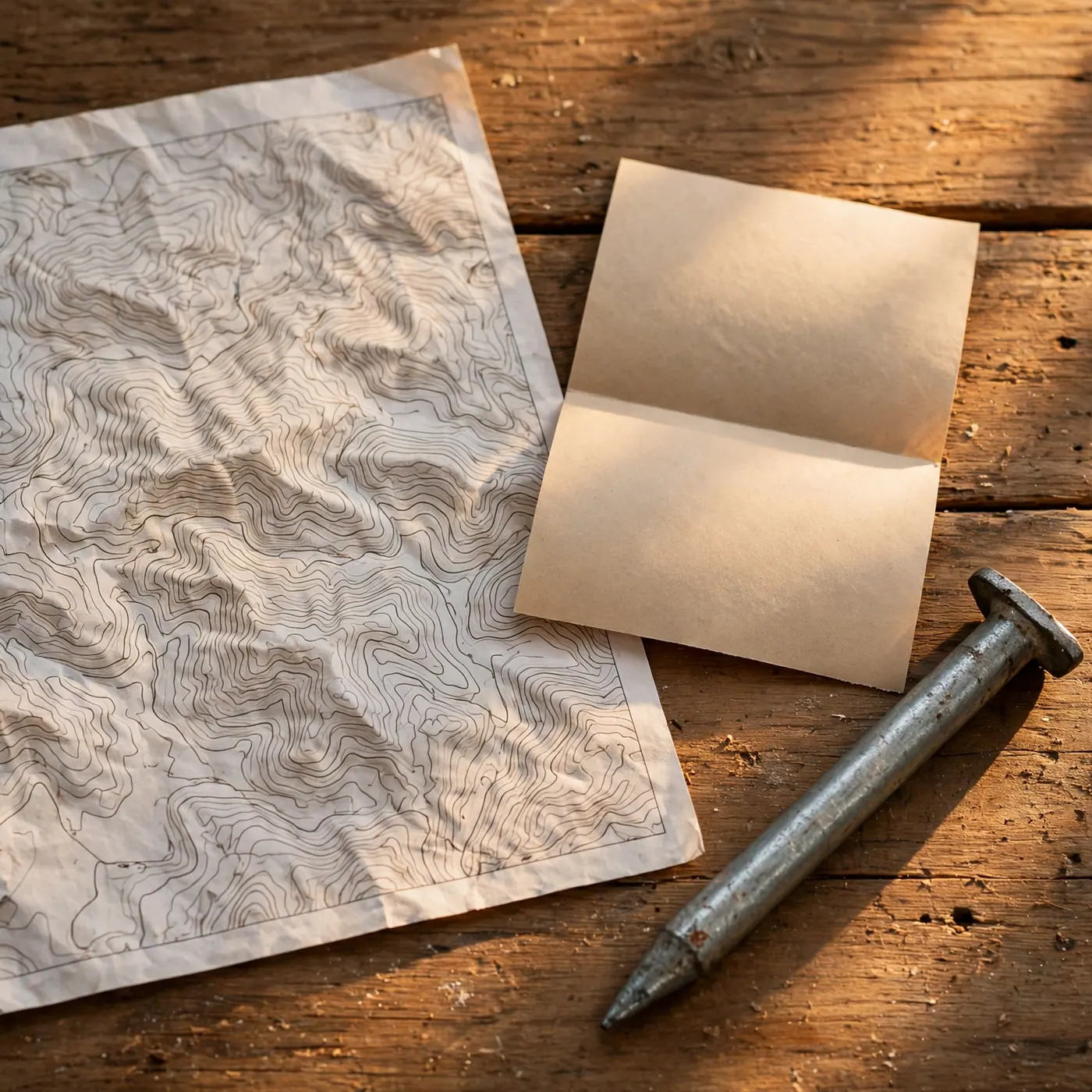 Plano topográfico en papel sobre mesa de madera junto a un recibo de predial volteado y una estaca metálica